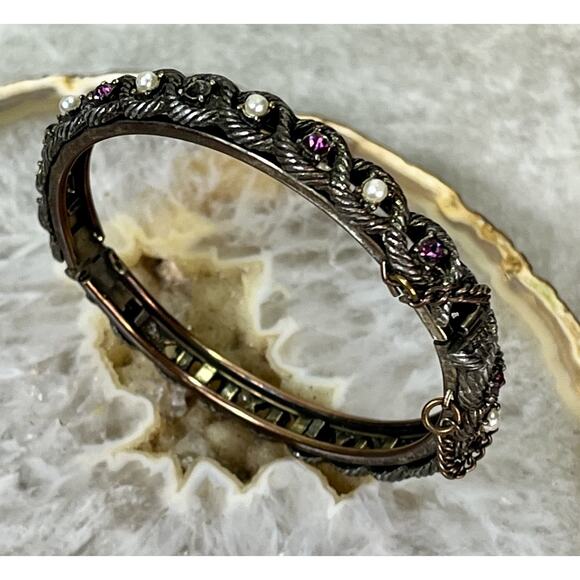 VTG Victorian Revival Hinged Bangle Amethyst Seed Pearls Safety Chain - Picture 6 of 16